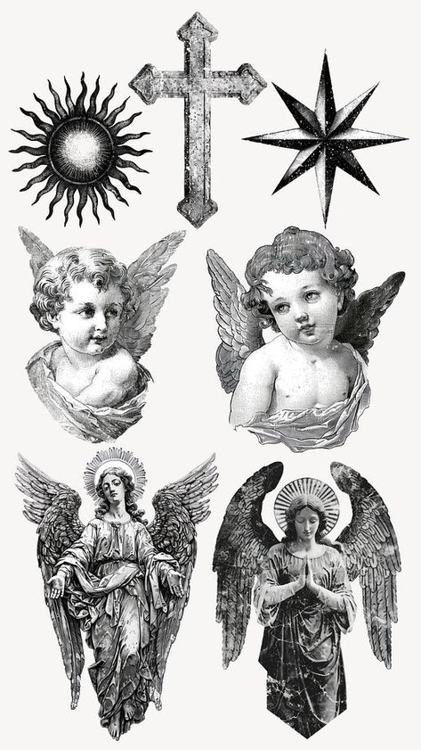 Editable religious illustration design element set | premium image by rawpixel.com / Fluke Column Tattoo, Collage Cutouts, Alternative Reality, Medieval Tattoo, Inspo Tattoo, Sun Illustration, Png Elements, Moodboard Ideas, Religious Illustration