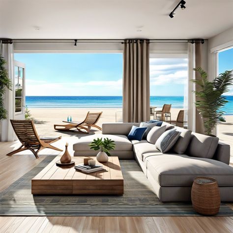 15 Ideas for Your Beach Modern Coastal Living Room Modern Beach Living Room, Neutral Coastal Living Room, Small Loft Spaces, Modern Beach Cottage, Light Gray Couch, Modern Coastal Living Room, House Bedroom Ideas, Tiny House Bedroom, Beach Inspired Decor