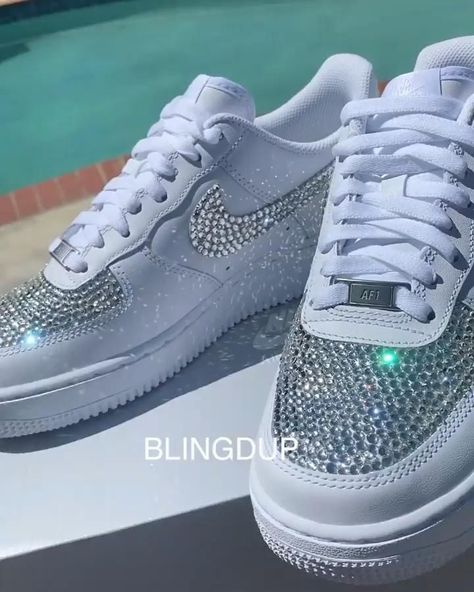 Rhinestone Af1, Sneaker Ball Shoes, Quinceanera Shoes Sneakers, Quince Sneakers, Quince Shoes Sneakers, Bedazzled Nikes, Bedazzled Sneakers, Bedazzled Shoes Diy, Quinceanera Shoes