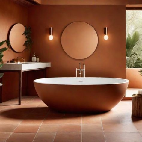 Modern bathroom with a large oval bathtub, a round mirror, and a sink with potted plants. Earth Toned Bathroom Ideas, Earth Tones Bathroom, Clay Bathroom, Earth Tone Bathroom, Bathroom Color Ideas, Vibrant Bathroom, Color Bathroom Design, Earthy Bathroom, Warm Bathroom