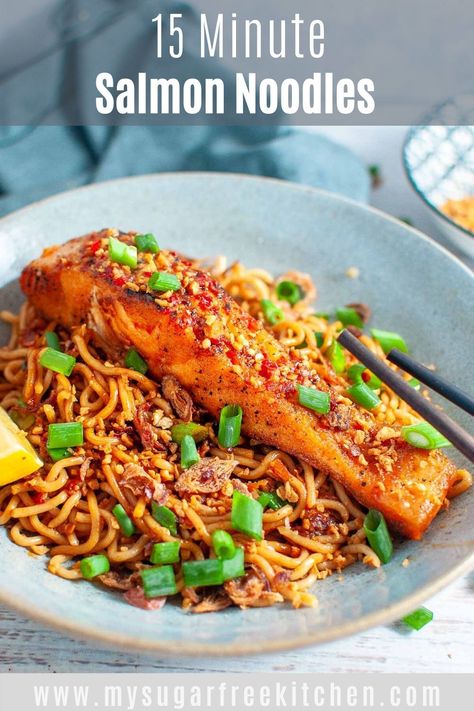 Salmon With Noodles, Salmon Noodles, Udon Noodles Recipe, Asian Salmon, Healthy Noodles, Miso Salmon, Sweet Potato Noodles, Salmon Pasta, Spicy Salmon