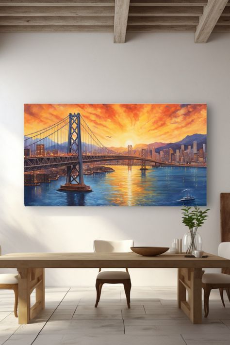 Looking for the perfect City Bridge paintings for sale aesthetic canvas art to put on your wall and elevate your home? This modern wall decor captures all the gorgeous elements of Abstract Modern Art and Contemporary art on a high quality Canvas. Made as an Oil Painting. A beautiful sunset across the Golden Gate bridge on a Cityscape. The perfect accent piece for your home wall decor. Click on our shop to purchase this while supplies last! Aesthetic Canvas Art, Sale Aesthetic, Sunset Bridge Painting, Sunset Bridge, Aesthetic Canvas, Greek Paintings, Bridge Painting, San Francisco Golden Gate Bridge, Modern Wall Decor