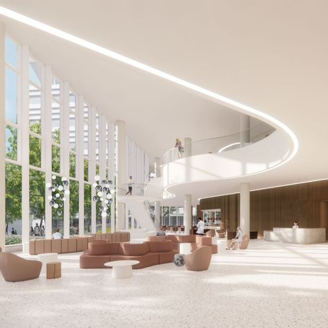 Aesthetic Hospital, Hospital Lobby, Hospital Ideas Architecture, Hospital Interior Design Lobbies, Hospital Interior Design Concept, Healthcare Architecture Concept, Circular Skylight, Medical Resort Architecture, Medical Center Architecture