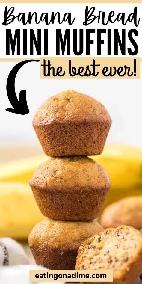 Try these simple Banana bread mini muffins for an affordable and delicious breakfast idea. These mini banana muffins are easy to make and moist too.  You’ll love this healthy mini muffin recipe that is an easy breakfast recipe.  #eatingonadime #muffinrecipes #bananabread #breakfastrecipes Mini Muffins Healthy, Pudding Banana Bread, Banana Bread Mini Muffins, Banana Bread Recipe Chocolate Chip, Sour Cream Bread, Easy Banana Bread Recipes, Banana Bread Muffins Easy, Bread Recipe Healthy, Banana Bread Recipe Easy Moist