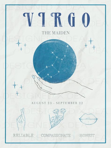 Your zodiac sign brings out the best in you - and now, it can bring out the best of your home. This vintage-vibe Virgo poster comes in 4 different sizes and printed on premium matte paper for a high-quality finish. It's fun to hang as is, or frame for an added touch of sophistication. Keep it for your own home or give it as a gift to a fellow Virgo! Virgo Aesthetic Art, Virgo Poster, Virgo Szn, Virgo Star Sign, Zodiac Sign Virgo, Horoscope Art, Virgo Art, Zodiac Poster, Summer Room