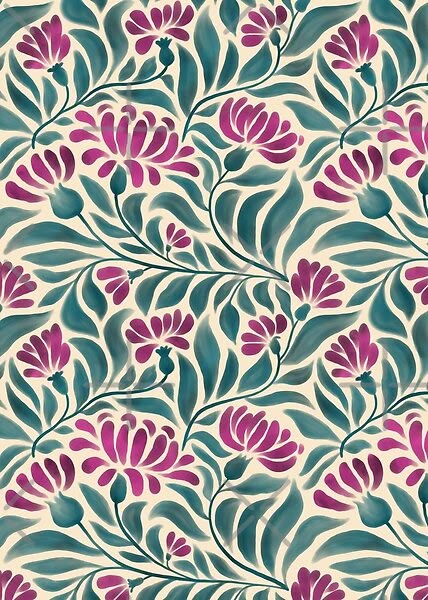 Elegant stylized peony pattern featuring fuchsia pink flower blooms and soft teal leaves on a cream beige background. Hand painted with digital watercolor & inspired by maximalist art nouveau style. Illustration & design by Miss Belle Peony Pattern, Maximalist Art, Art Nouveau Pattern, Wedding Moodboard, Leaves Illustration, Watercolor Peonies, Rose Party, Design Textile, Art Nouveau Style