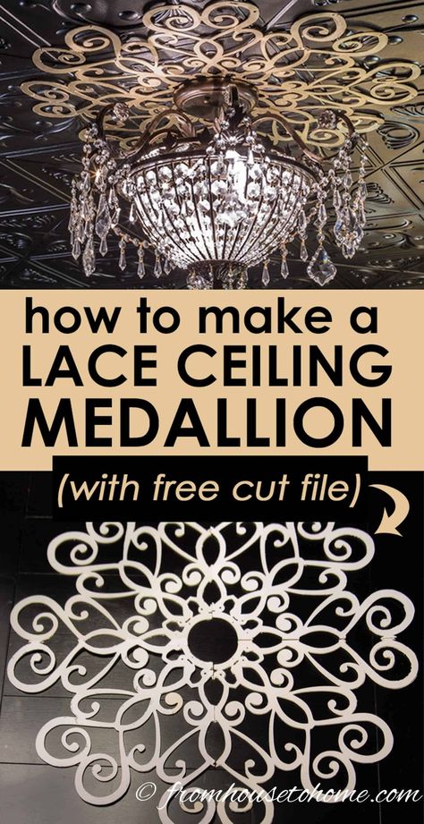 This gold DIY ceiling medallion is one of my favorite ceiling medallion ideas. It's really easy to make with a Cricut and it looks beautiful above my flush mount chandelier #fromhousetohome #ceilingmedallion #ceilingdecor #homedecor #decoratingideas #chandelier #ceilings #diydecorating #diyhomedecor Diy Ceiling Medallion, Lace Ceiling, Ceiling Medallion Ideas, Creative Ceiling Ideas, Ceiling Medallions Diy, Unique Ceiling Ideas, Medallion Ceiling, Covering Popcorn Ceiling, Removing Popcorn Ceiling