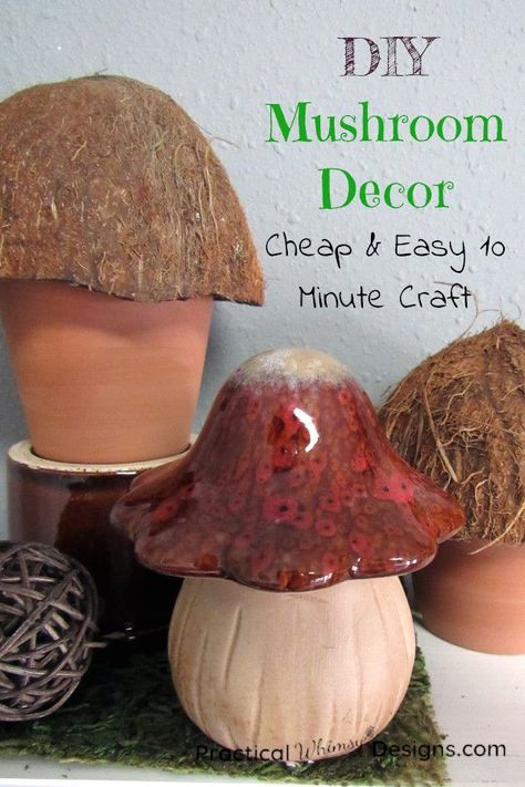 Make these fun DIY decoration for spring out of upcycled coconuts. These fun mushrooms are such an easy spring decoration to make. | #diyspringdecor #mushroomdecor #diydecorations Diy Mushroom Decor, Fun Mushrooms, Easy Spring Decorations, Large Garden Ornaments, Mushroom Wall Decor, Mushroom Diy, Fixer Upper Diy, Diy Mushroom, Mushroom Crafts