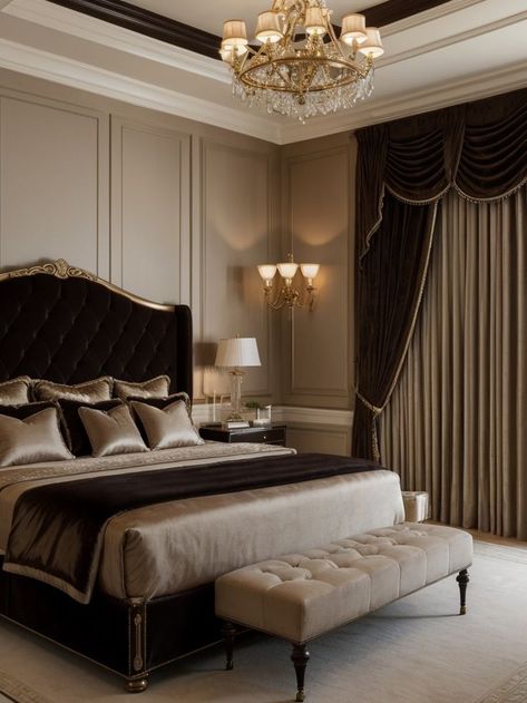 Elegant Curtains Bedroom, Dark Luxury Bedroom, Dark Luxury, Luxury Bedrooms, Sophisticated Bedroom, Classy Bedroom, Inside Decor, Luxury Bedroom Design, Rich Home