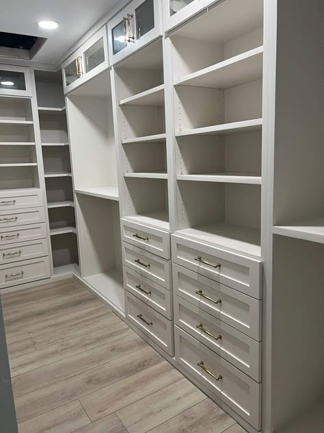 Closet Shelves And Drawers, Walk In Closet With Shelves, Small Master Closet With Vanity, Modular Walk In Closet, Master Walk In Closet With Vanity Built Ins, Walk In Closet Center Island, Huge Walk In Closet With Vanity, Walk-in Closet Island Ideas, Closet With Drawers