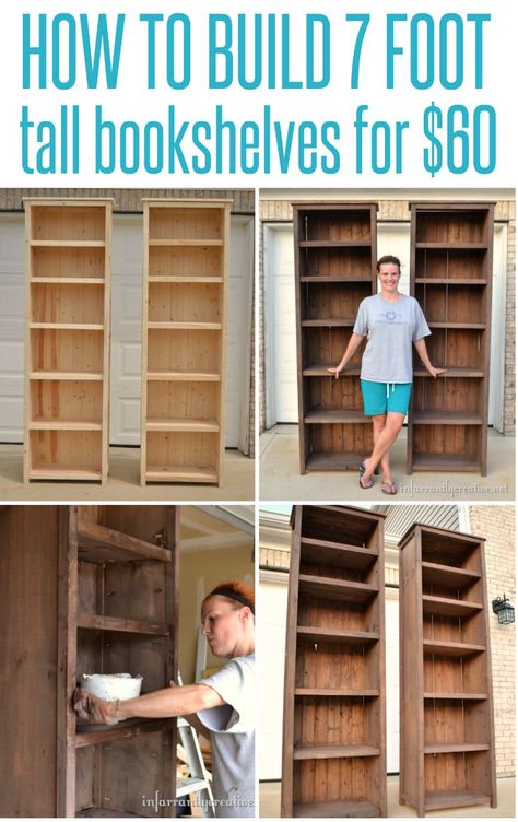 Slowly but surely I am challenging myself with building furniture from scratch.  While I don’t feel confident quite yet I am enjoying the process and created these tall bookshelves for Denise… How To Make Bookshelves, Diy Bookshelf Plans, Bookcase Plans, Tall Bookshelves, Bookshelf Plans, Diy Tumblr, Building Furniture, Bookshelves Diy, Free Plans