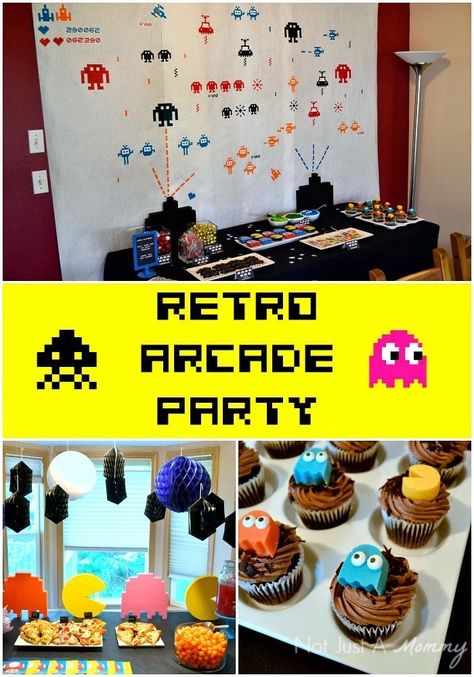 Fiesta Friday/Real Party - Classic Arcade Game Truck Party - Revel and Glitter Arcade Themed Birthday Party, Retro Video Game Party, Wine Cheese Party, Arcade Birthday Parties, Arcade Birthday, Pac Man Party, Arcade Party, Game Truck Party, Retro Birthday Parties