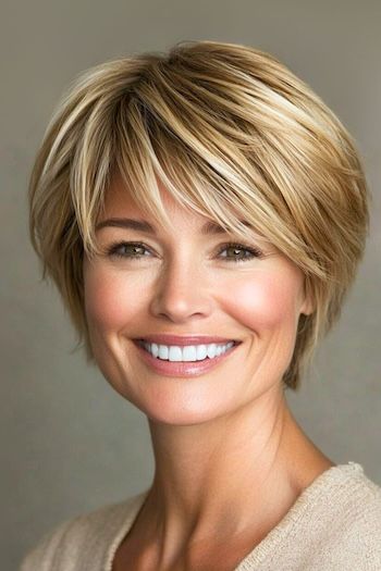 Save this pin for the best short layered haircuts for older women. If you love curves and softness in a short style, this rounded pixie with bangs is perfect. It’s all about that graceful, rounded shape. Pixie Haircuts For Square Faces, Short Tapered Bob Hairstyles, Jaw Length Layered Bob, Wolf Cut Short Hair With Round Face, Choppy Pixie Cut With Bangs, Short Length Hair With Layers, Short Blowout Hairstyles, Short Layered Hair With Bangs, Curly Layered Bob