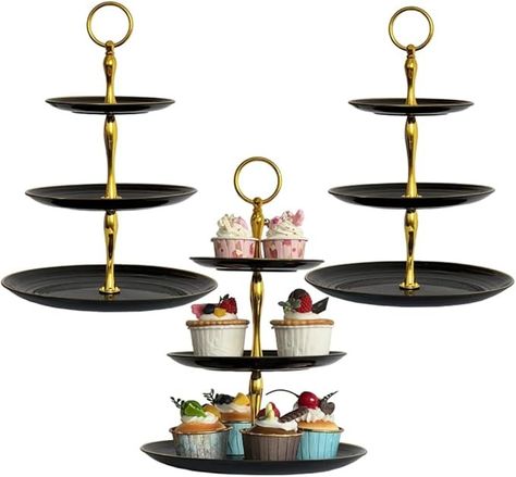 Amazon.com: RAUVOLFIA 3 Pack 3 Tier Cupcake Stand, Plastic Tiered Serving Stand, Dessert Tray for Tea Party, Baby Shower and Wedding (Black Plate with Gold Rim) : Home & Kitchen Black Cupcake Stand, Clear Cupcake Stand, Black Cupcake, Tier Cupcake Stand, Tiered Serving Stand, Platter Display, 3 Tier Cupcake Stand, Dessert Stands, Display Tower