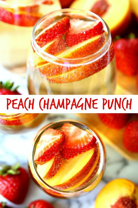 Peach Champagne Punch Recipe Peach Wine Drinks, Peach Cocktail Recipe Summer Drinks, Lemonade Champagne Punch, Summer Cocktail Punch, Peach Champagne Drink, Drinks With Peach Schnapps, Champagne Punch Recipes, Yummy Summer Cocktails, Fresh Peach Recipes