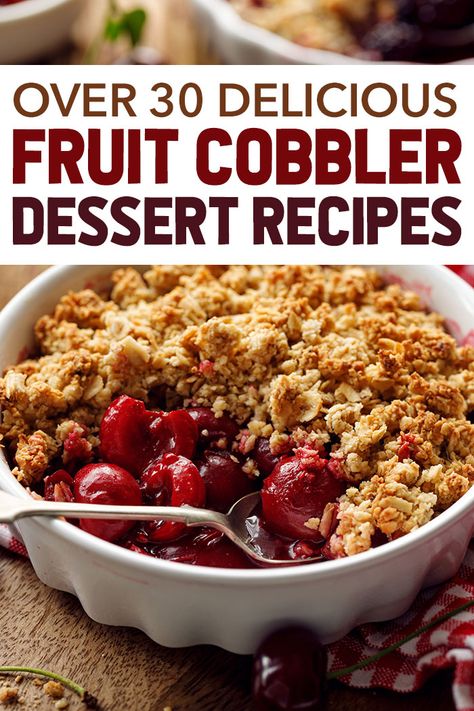 Get baking inspiration from this list of 30  delicious cobbler recipes. There are classics like blueberry and peach, but there are many ways to make this fruit dessert, including bars and cookies! #cobblerrecipe #fruitdessert #fruitcobbler #3boysandadog Fruit Cobbler Recipes Crumble Topping, Grape Cobbler Recipe, Fruit Crisps And Cobblers, Fruit Cobbler Recipes Easy, Fruit Crumble Recipe, Fruit Cobbler Recipe, Fruit Crisp Recipe, Crisp Desserts, Cobbler Recipes Easy