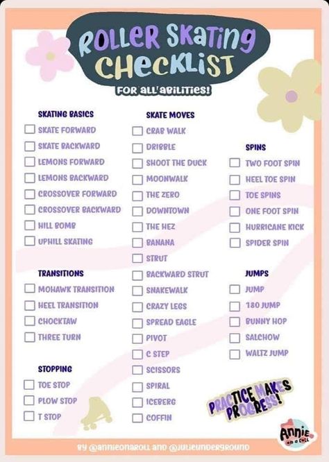 Roller Skating Checklist, Roller Skate Set Up, Roller Skating Exercise, Roller Skating Aesthetic Outfits, Roller Skating Tips For Beginners, Roller Skating Outfits Aesthetic, Rollerblading Outfit, Roller Skating Tricks, Rollerskating Aesthetic