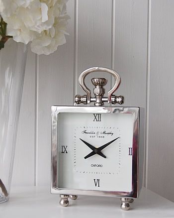 Polished Silver Chrome mantel clock. Ideas and designs in furniture and accessories for decorating your white home from The White Lighthouse www.thewhitelighthousefurniture.co.uk Lighthouse Bedroom, Chrome Decor, White Lighthouse, Bathroom Clock, Danish Interior, Scorpio Girl, Hall Ideas, Hall Furniture, Clock Ideas