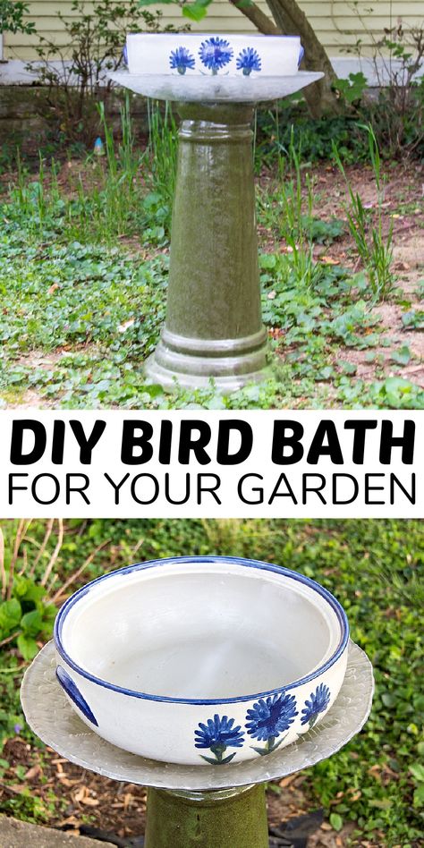 This DIY bird bath is the perfect addition to your garden. It's made from thrift store finds. Diy Cement Bird Bath, Cleaning A Bird Bath, Dollar Store Bird Bath, Bird Baths Homemade Concrete, Greenhouse Patio, Gardening Greenhouse, Bird Baths Homemade, Hand Made Bird Bath, Bird Bath Bowl