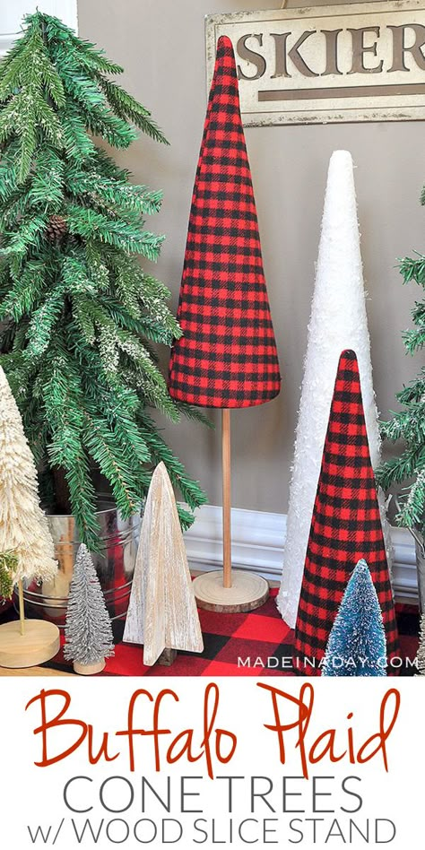 Red Buffalo Check / Plaid Christmas Forest with Cone Tree Stand tutorial, sisal tree, glitter bottle brush tree, woodland snow trees, Forest Entryway, Holiday Entryway, Christmas Tree Forest, Vintage Sled, Snow Trees, Buffalo Plaid Christmas Tree, Plaid Christmas Decor, Glitter Bottle, Buffalo Check Christmas