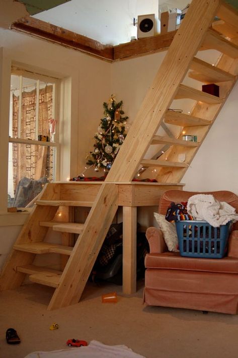 Bungalow Barn Update: Loft Stairs | The Lettered Cottage Stairs For Small Spaces, Loft Stairs Ideas, Ceiling Makeover, Loft Staircase, Attic Ladder, Tiny House Stairs, Loft Stairs, Loft Ladder, Smart Tiles