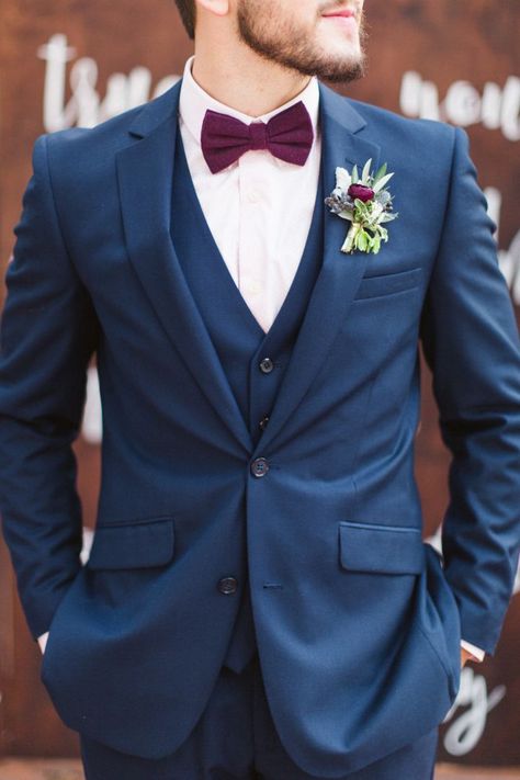 Groom in Navy Blue Suit with burgundy bow tie - Fab Mood | Wedding Colours, Wedding Themes, Wedding colour palettes Groomsmen Colours, Wedding Suits Men Blue, Blue Groomsmen, Burgundy Bow Tie, Costum Elegant, Skate 3, Groom Wedding Attire, Blue Suit Wedding, Wedding Suits Groom