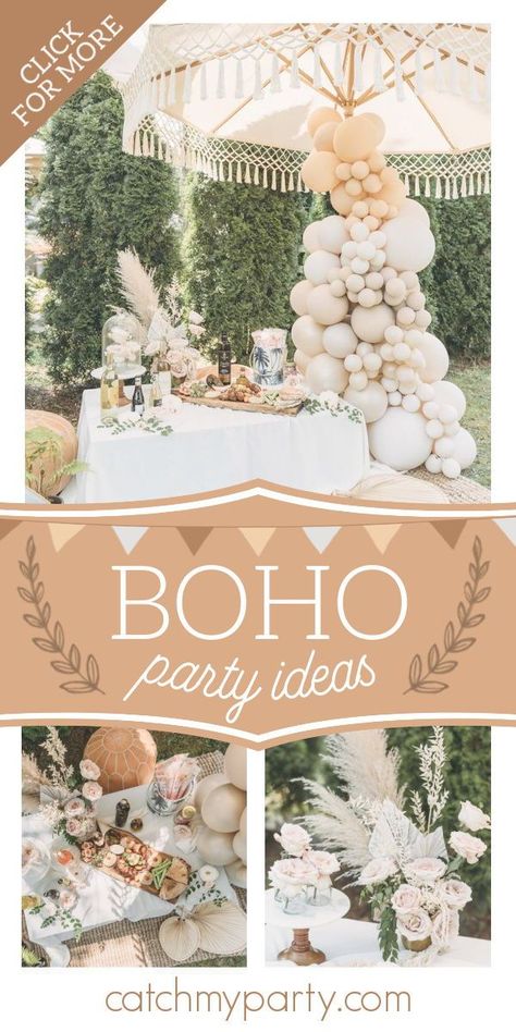 Outdoor Boho Party Decor, Boho Style Party Decor, Boho Themed Party Birthdays, Boho Balloon Centerpiece, Bohemian Style Party Decor, Bohemian Graduation Party Ideas, Boho Lunch Party, Boho Glamping Party, Boho Table Decor Party