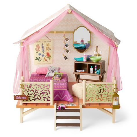 Platform Tent, Bush Camp, Tent Structure, Tent Platform, American Girl Doll Sets, American Girl Doll House, American Girl Doll Accessories, Doll Beds, Cadeau Diy