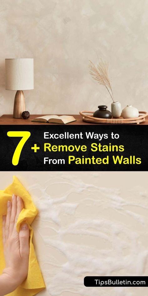 Discover how to clean walls to remove a stain without ruining the wall paint. White vinegar and soapy water are ideal cleaning solutions for removing stains from flat paint walls, and a Magic Eraser and baking soda remove scuffs and other wall marks. #howto #remove #stains #painted #walls How To Remove Stains From Walls, Flat Paint Walls, Clean Walls, Remove Yellow Stains, Remove Water Spots, Coffee Stain Removal, Wall Stains, Diy Household Cleaners, White Wall Paint