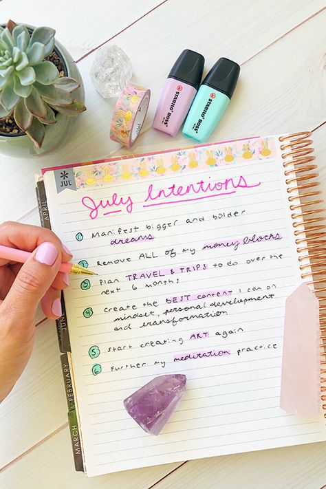 How to Set Monthly Intentions and My July 2019 Intentions | In my Erin Condren LifePlanner #intentions #lawofattraction #intentionalliving Monthly Intentions Ideas, July Intentions, June Intentions, October Intentions, Monthly Intentions, Bujo 2023, Goals And Intentions, Block Plan, Ideas Journal