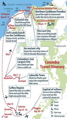 Itinerary for 17 days Colombia! Download the Colombia map on our website to your smartphone and save it as image so you can use it offline. Colombia Map, Columbia Travel, Colombia Travel Guide, Tayrona National Park, Trip To Colombia, Visit Colombia, South America Destinations, Colombia Travel, Cali Colombia