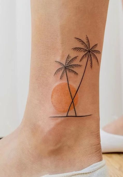 Two Palm Trees Tattoo, Double Palm Tree Tattoo, Kauai Tattoo Ideas, Bahamas Tattoo Ideas, Small Hawaii Tattoos, Beach Tattoos Simple, Small Palm Tree Tattoos For Women, Palm Trees Tattoo Design, Tiny Palm Tree Tattoo