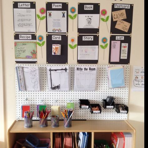 Writing Center Idea - I love this because it shows how the teacher did a center without a large footprint of classroom space. Writing Corner Classroom, Writing Center Bulletin Board, Writing Center Ideas, Poem Book, Writing Corner, Writing Station, 2nd Grade Writing, 1st Grade Writing, Writers Workshop