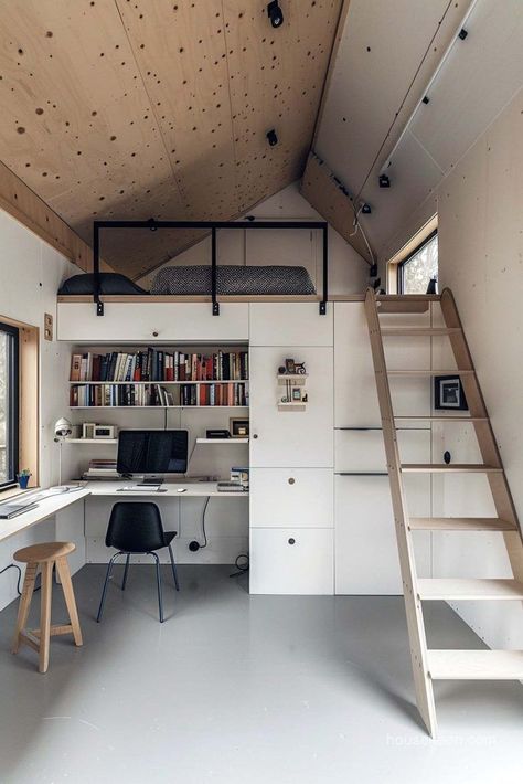 Transform your compact bungalow with a chic sleeping loft! This smart design places a cozy loft bed above a sleek home office, maximizing space and style. Cozy Loft Bed, Retractable Stairs, Loft Layout, Sleeping Nook, Diy Loft, Diy Loft Bed, Cozy Loft, Roof Beam, Full Size Mattress