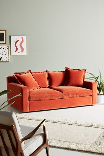 Anthropologie Sofa, Orange Loveseat, Orange Velvet Sofa, Unique Living Room Furniture, Orange Couch, Orange Sofa, Hanging Furniture, Velvet Couch, Cushion Sofa