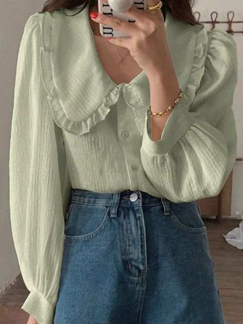 DAZY Women'S Doll Collar Solid Color Shirt, VersatileI discovered amazing products on SHEIN.com, come check them out! Green Shirt Outfits, Mint Green Shirts, Green Cute, Doll Collar, Uni Outfits, Plain Shirt, Solid Color Shirt, Women Blouses, Color Shirt