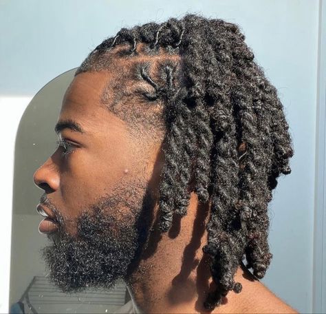 Dreads Inspo Men, Plaited Dreadlocks Styles, Loc Styles Half Up Half Down Barrel Twist, Full Head Of Locs Men, Half Up Half Down Barrel Twist Locs Men, Barrel Twist Into Two Strand, Unique Loc Styles For Men, Barrel Rolls On Locs Men, Two Strand Twist Men Dreads Styles