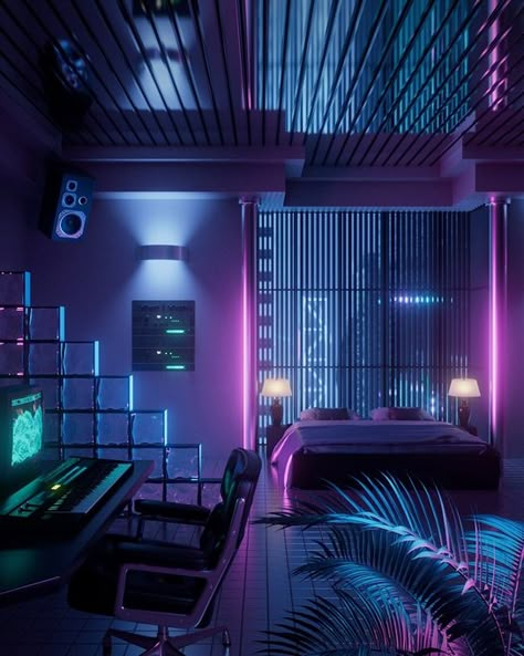 Cyberpunk Interior Design, Cyberpunk House, Vaporwave Room, Cyberpunk Interior, Villa Minecraft, Cyberpunk Room, Blue Neon Lights, 80s Interior, New Retro Wave