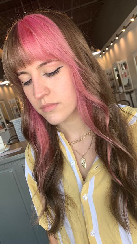 Panel Of Color In Hair, Pink And Black Color Block Hair, Pink Colorblock Hair, Colour Panel Hair, Color Block Hair Sectioning, Color Block Blonde Hair, Panel Hair Color, Pink Fringe Hair, Color Block Hair Natural Colors