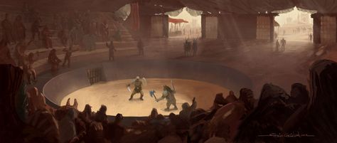 Warriors practicing their moves, merchants, traders, fight promoters, and even some public... mornings are a good time to close deals at the small Arena. Medieval Fantasy Concept Art, Dnd Battle Arena, Fantasy Arena Art, Arena Fantasy Art, Fantasy Battle Arena, Fantasy Battle Scene, Medieval Arena Concept Art, Ancient Rome Gladiators, Gladiator Arena