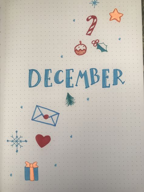 I draw my bullet journal cover with sbowflakes, gift and other December items December Drawings, December Journal Ideas, December Bullet Journal Cover, December Journal, December Bullet Journal, Journal Cover Ideas, Bullet Journal Cover, Bullet Journal Cover Ideas, Bullet Journal Ideas Templates