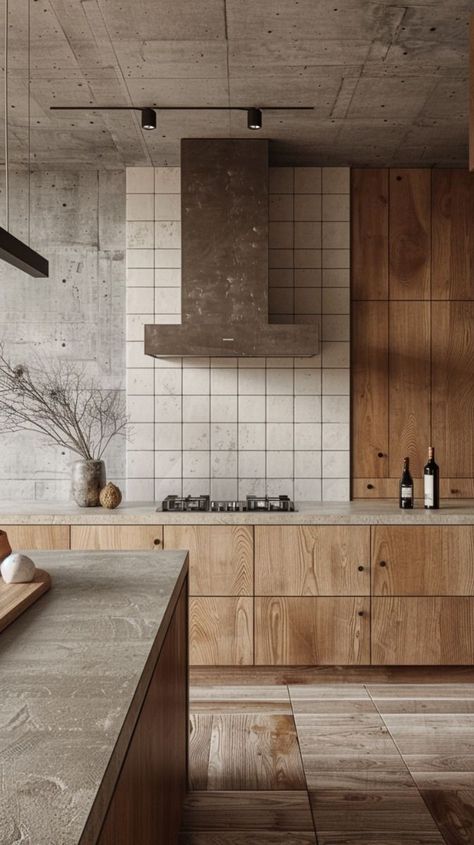 Raw Modern Interior, Cement And Wood Interior, Wood And Concrete Interior, Wooden Kitchen Modern, Concrete And Wood Kitchen, Concrete Wood Interior, Concrete Kitchen Cabinets, Interior Design Concrete, Japandi Style Kitchen