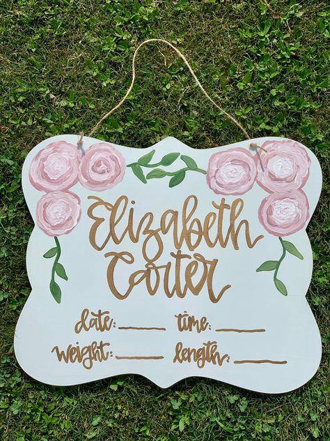 Girl Nursery Name Sign, Hospital Door Hanger Girl, Door Hanger Baby, Welcome Baby Signs, Hospital Door Hanger, Birth Stats Sign, Hospital Door Hangers, Baby Door Hangers