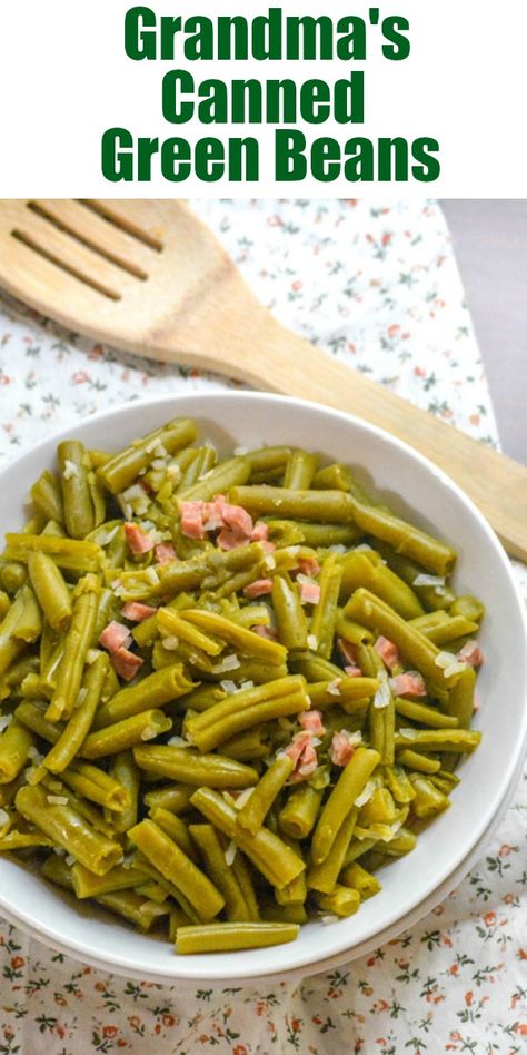 Green beans don’t have to be freshly snapped to be chock full of flavor, or appropriate for Holiday dinners. Grandma’s Canned Green Beans are so good, I’m proud to serve them at my table any dinner of the year. It helps that they’re also secretly easy enough for even busy weeknights too! via @4sonrus How To Season Canned Green Beans, How To Cook Canned Green Beans, How To Season Green Beans, Recipes For Canned Green Beans, Crockpot Canned Green Beans, Canned Green Beans In Crockpot, Canned Green Beans How To Season, Southern Green Beans Recipe Canned, Canning Green Beans With Bacon