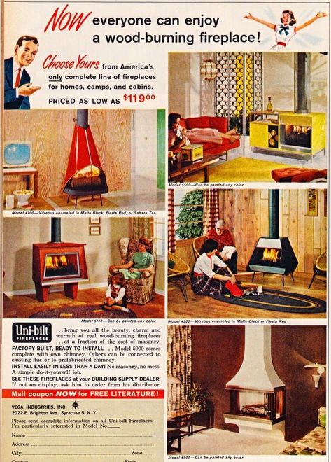 Real Wood Paneling, Mid Century Fireplace, Freestanding Fireplace, Far West, Print Advertisement, Mirror Interior, Vintage Interior, Vintage Advertisement, Mid Century Modern House