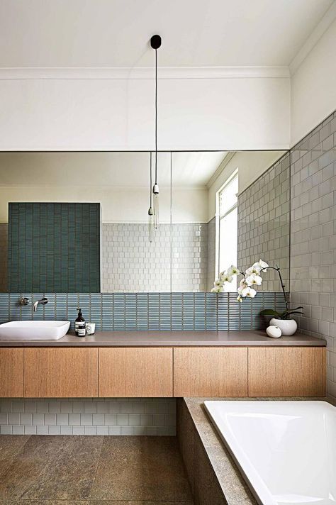 Modern Bathroom in Australia. Love all the different tile sizes. From the August 2015 issue of Inside Out magazine. Photography by Peter Bennetts. Drømme Bad, Bad Inspiration, Bath Room, Bathroom Renos, Laundry In Bathroom, House Bathroom, Beautiful Bathrooms, Bathroom Renovations, Bathroom Renovation