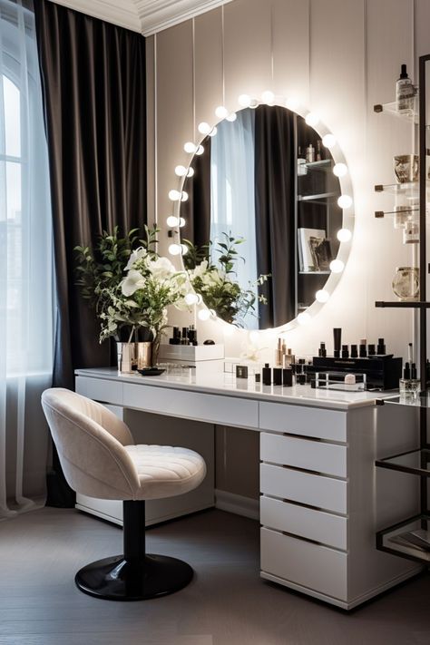 Vanity Table Ideas Makeup Desk, Stylish Room Decor, Holiday Kitchen Decor, White Room Decor, Dressing Table Design, Classy Bedroom, Beauty Room Decor, Vanity Room, Home Decor Quotes