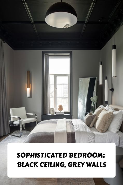 Sophisticated bedroom with black ceiling, grey walls, modern lighting, and a large window. Charcoal Gray Bedroom Walls, Black Ceiling Bedroom, Bedroom Black Ceiling, Charcoal Grey Bedrooms, Kitchen Flooring Trends, Kitchen Tile Inspiration, Ensuite Bathroom Designs, Modern Bedroom Colors, Compact Kitchen Design