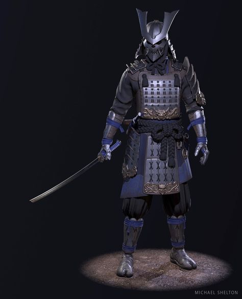 ArtStation - Shadow Samurai, Michael Shelton Blue Samurai Armor, Ronin Art Samurai, Black Samurai Armor, Shadow Samurai, Knight Samurai, Samurai Cosplay, Samurai Design, Samurai Concept, Guerriero Samurai