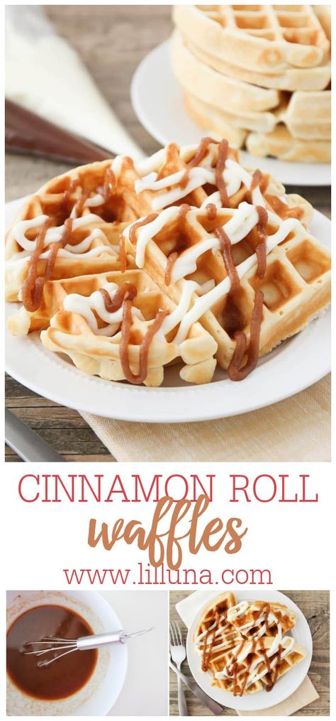 If you love breakfast foods like I do, this recipe is for you! Two of my absolute favorite breakfasts combine in these amazingly delicious cinnamon roll waffles. #cinnamonrollwaffles #waffles #cinnamonroll #cinnamonrollrecipe #wafflerecipe Hawaiian Cheesecake, Iron Ideas, Cinnamon Waffles, Cinnamon Roll Waffles, Waffle Maker Recipes, Breakfast Waffles, Waffle Toppings, Homemade Breakfast, Cinnamon Rolls Recipe